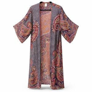 Raj Paisley Embroidered Kimono Duster Blue Red Maxi Open Front Womens One Size